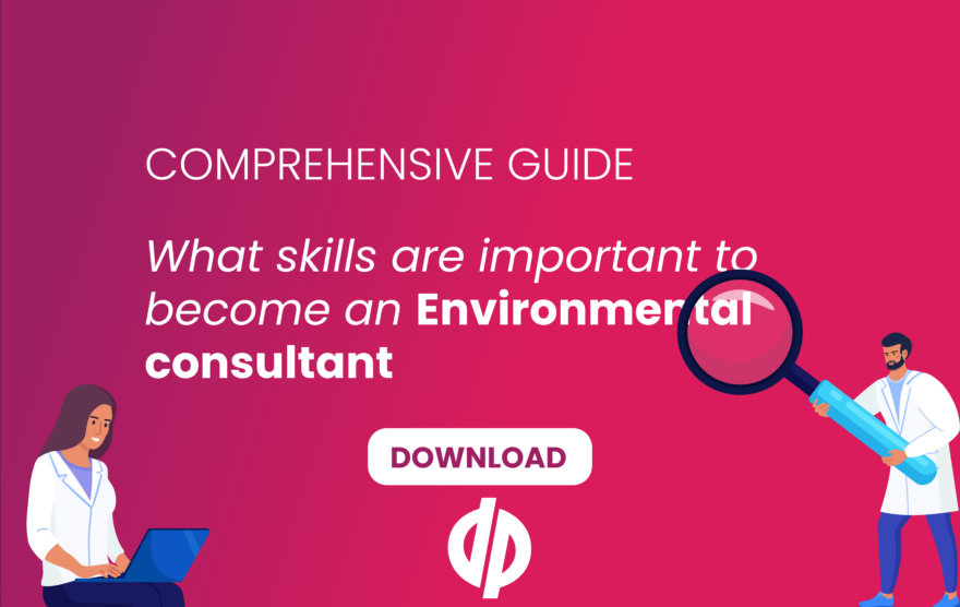 Illustration, with text that reads: Comprehensive Guide. What skills are important to become an Environmental consultant.